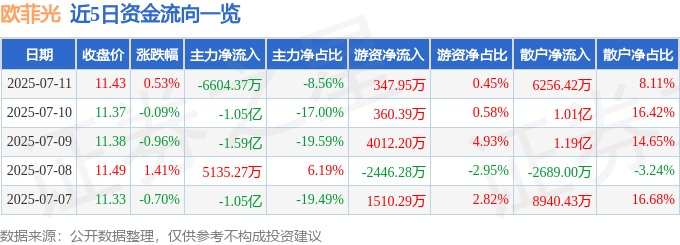 股票行情快报：欧菲光（002456）7月11日主力资金净卖出6604.37万元