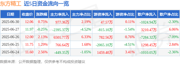 股票行情快报：东方精工（002611）6月30日主力资金净买入977.36万元